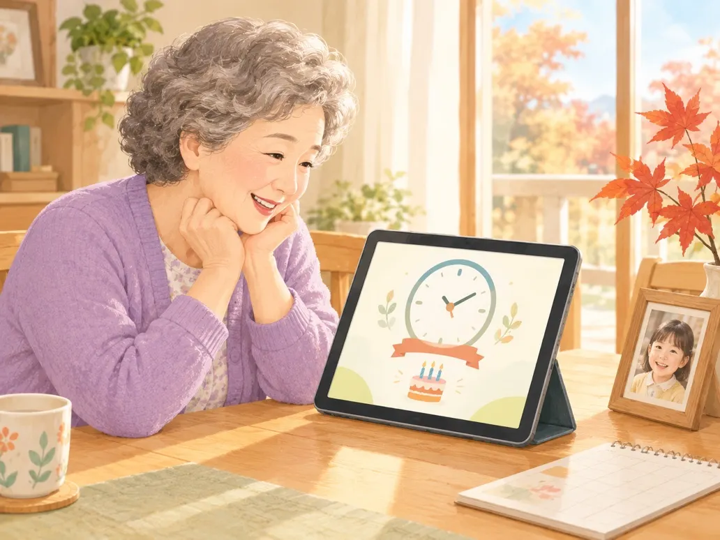 태블릿에 뜬 손주 생일 알림을 보며 웃으시는 어머니
