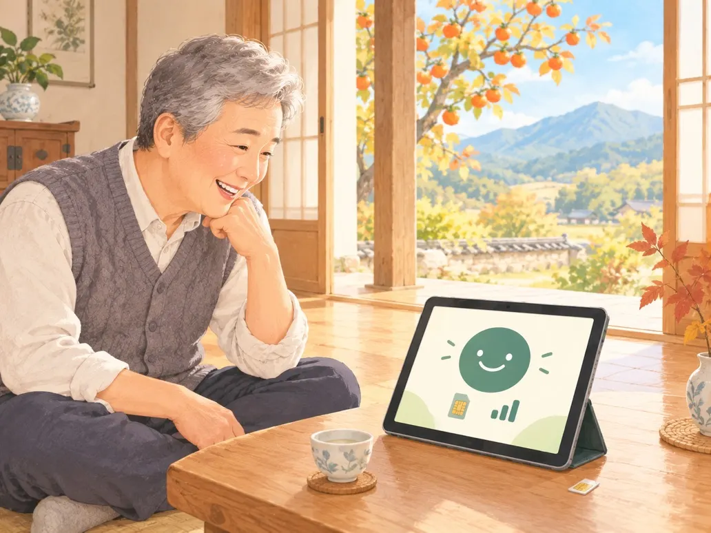 시골집 마루에서 태블릿을 보시는 아버지, 공유기 없이 유심으로 연결